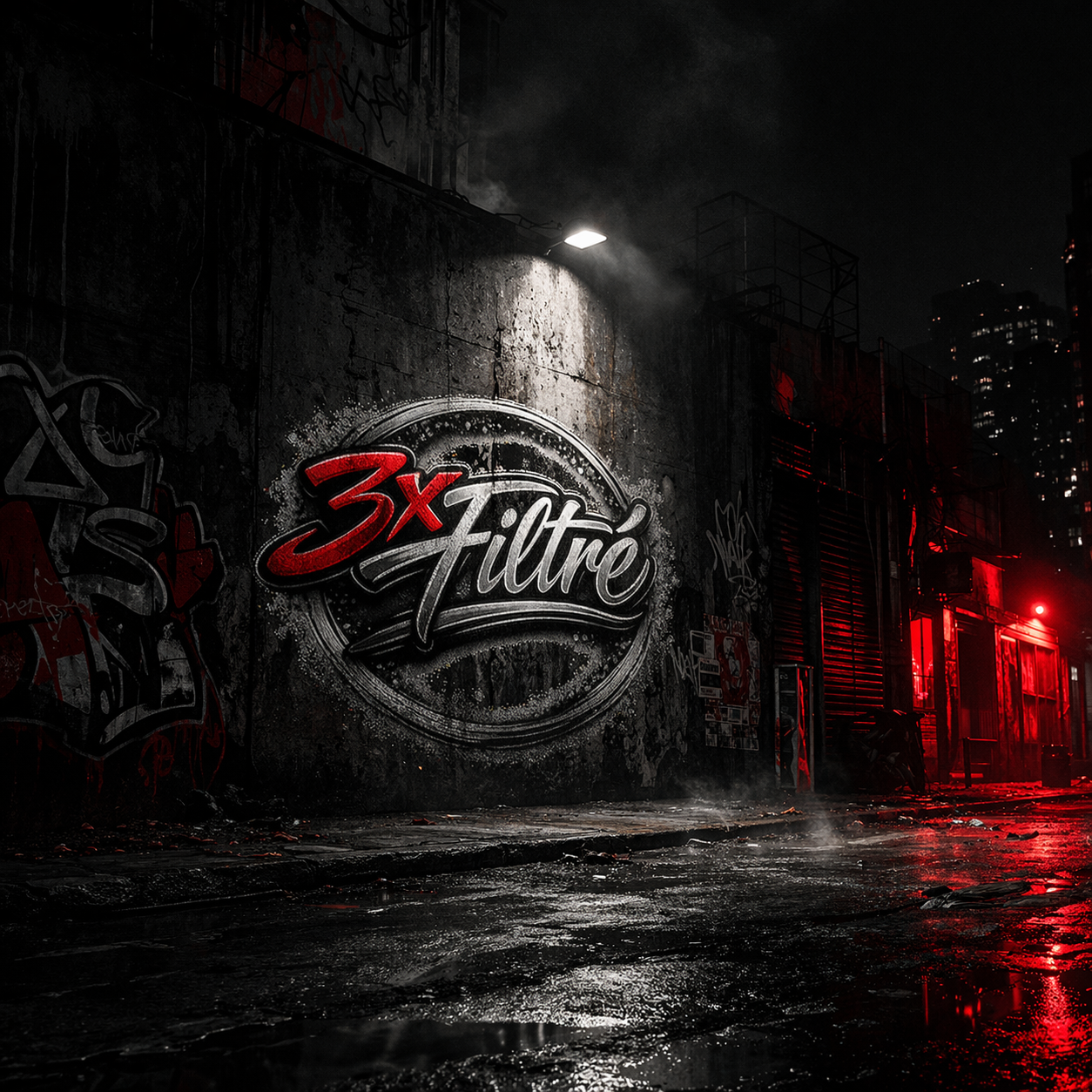 Logo 3xFiltré graphé sur un mur la nuit sous la pluie