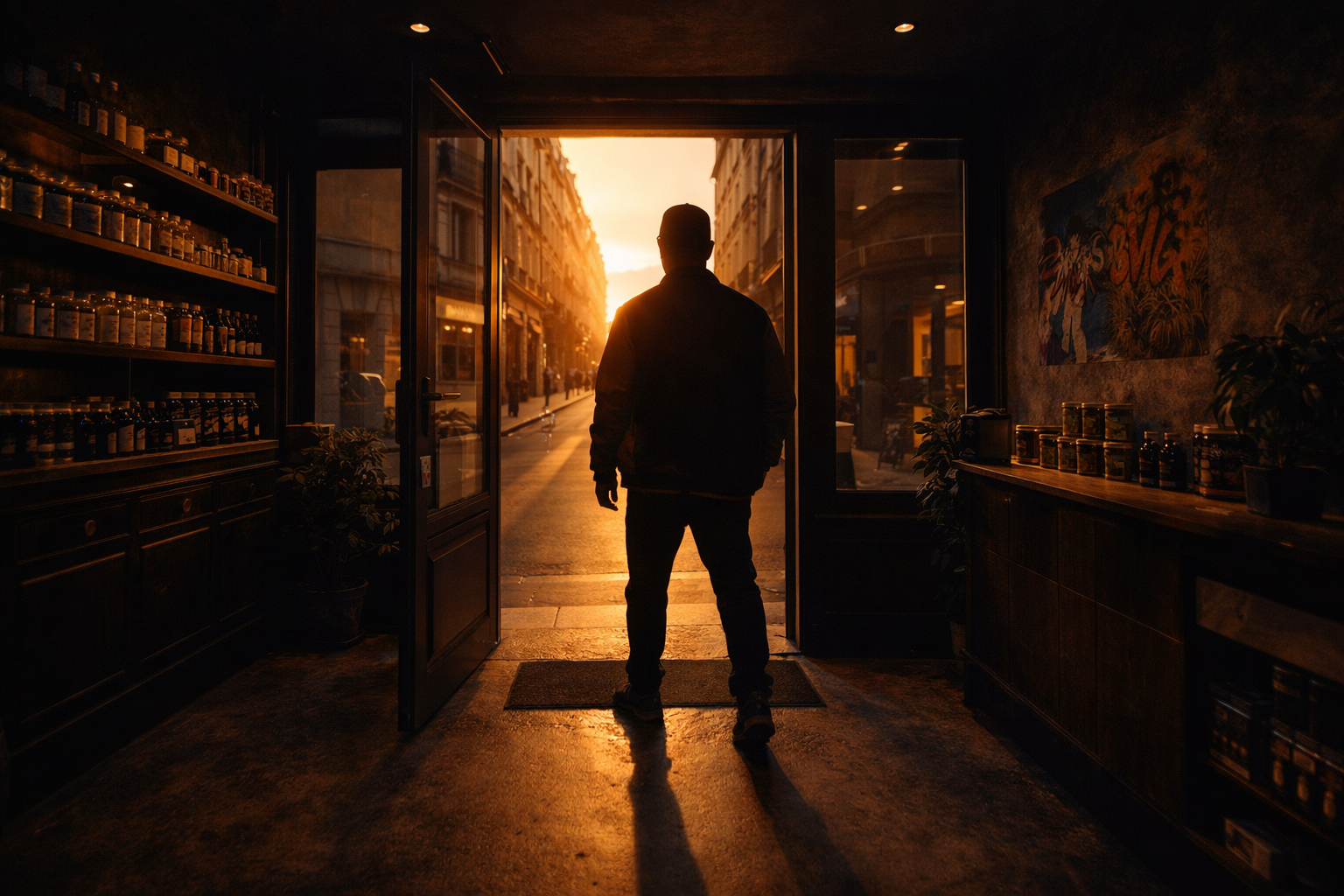 Gérant 3xFiltré observant depuis sa boutique — style cinématographique