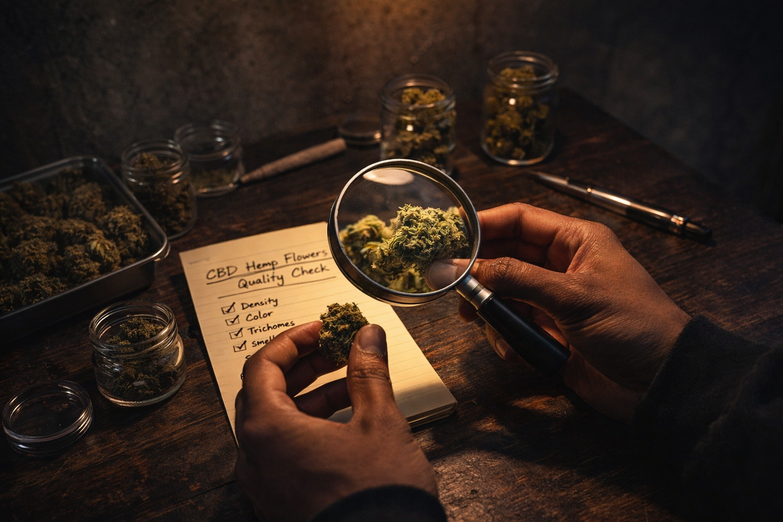 Vérification qualité CBD à la loupe avec prise de notes